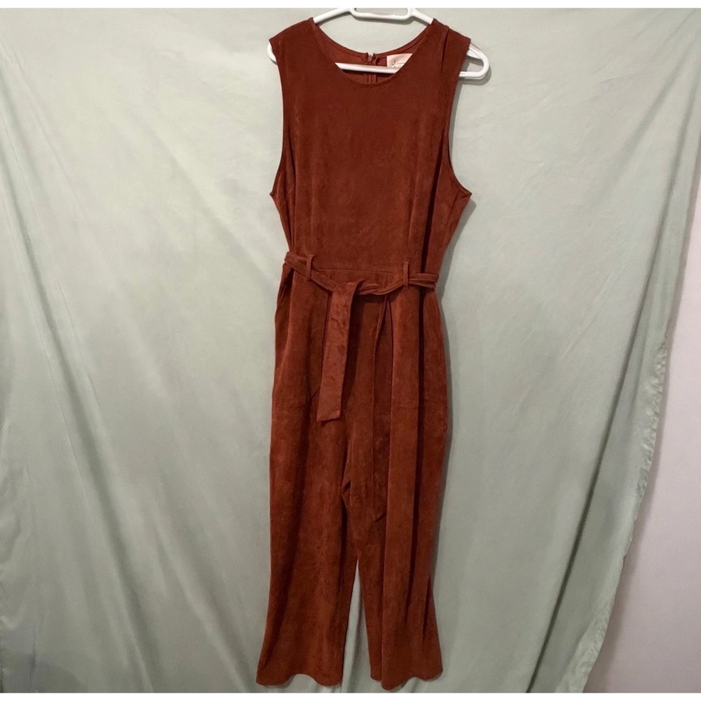 Anthropologie Women Brown Faux Suede Sleeveless Belted Jumpsuit XL Fall Rust
